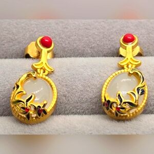 Retro White Natural Stone, Enamel Gold Dangle Earrings